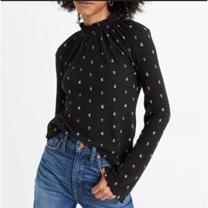 Madewell texture and thread black long sleeve floral ruffle hem top size XS